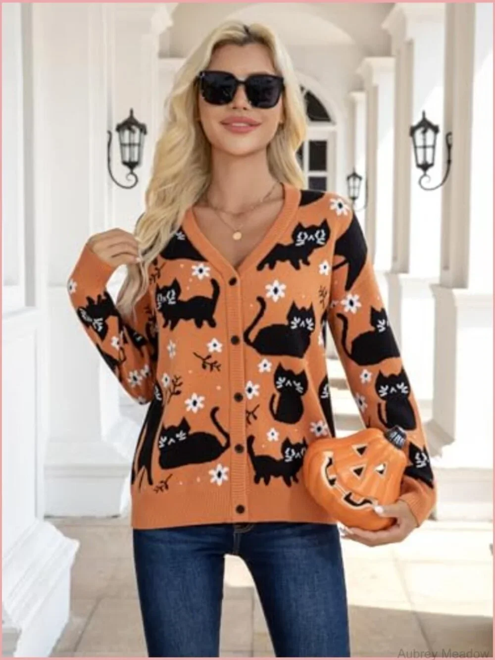 Knit Cat Cardigan Sweater Button Down V Neck Fall Winter Open Front